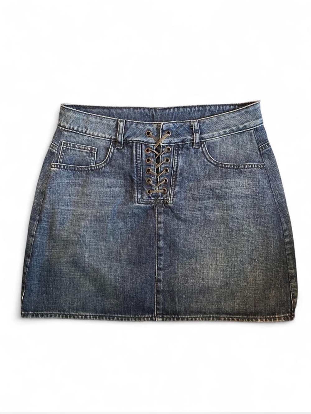 Chevignon Denim Lace-Up Mini Skirt in Faded Blue
